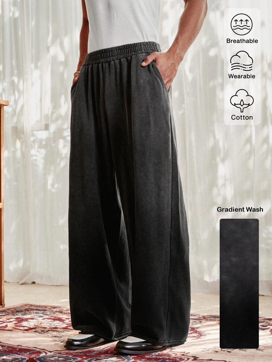 SWAVVY Men's Casual Loose Long Pants, Spring/Autumn/Summer, Standard Size, Embroidered Black Snow Wash - Black - View 1