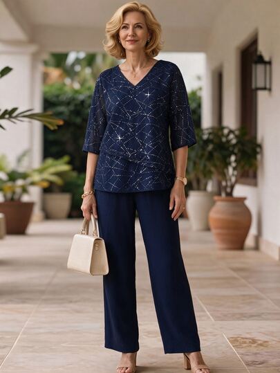 EMERY ROSE Middle-Aged Women Rhinestone V-Neck 3/4 Sleeve Blouse And Long Pants Elegant Set