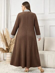 Lacomfia Gaun Kasual Wanita Ukuran Besar Model A-Line Bahu Persegi Motif Polkadot Patchwork Rajut Lembut Longgar - Coffee Brown - View 2
