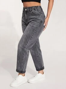 SHEIN بنطلون جينز نسائي مقاس كبير بخصر عالي وجيوب كاجوال متعدد الاستخدامات - رمادي - مشاهدة 5