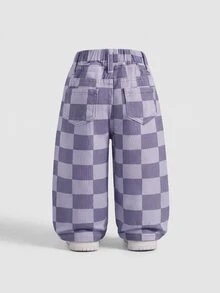 Elladie kids Denimly 嬰兒與幼兒休閒戶外學院風百搭牛仔長褲，彈性腰帶，格紋圖案，水洗 - 紫色 - 查看 2