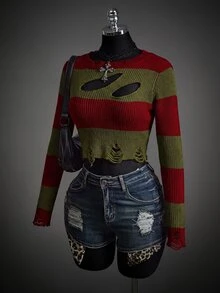 SHEIN ICON Fall Women's Autumn Halloween Red And Black Goth Devil Girl Fashion Colorblock Striped Distressed Sweater - Multicolor - View 7