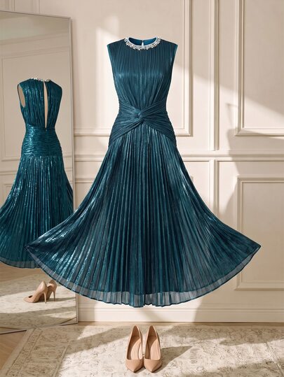 Suri Mira Round Neck Beaded Trim Sleeveless Cap Shoulder Cinched Waist Ruched Twist A-Line Ruched Elegant Vacation Cocktail Party Dress Bling Bling Women's Dress