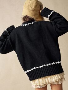 Bohemela Plus Size Korean Style Sweet Long Sleeve Jacquard Pullover Sweater - Black - View 6
