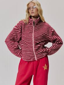 MUSERA Borg Fleece Stripey High Neck Zip Through Jacket Cute Daily Vintage Y2K Back To School Primary - Red - View 2