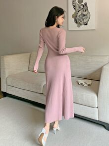 Feyla Women's Solid Color Button Design Cutout Long Sleeve Fitted Elegant Knit Dress - Dusty Pink - View 6