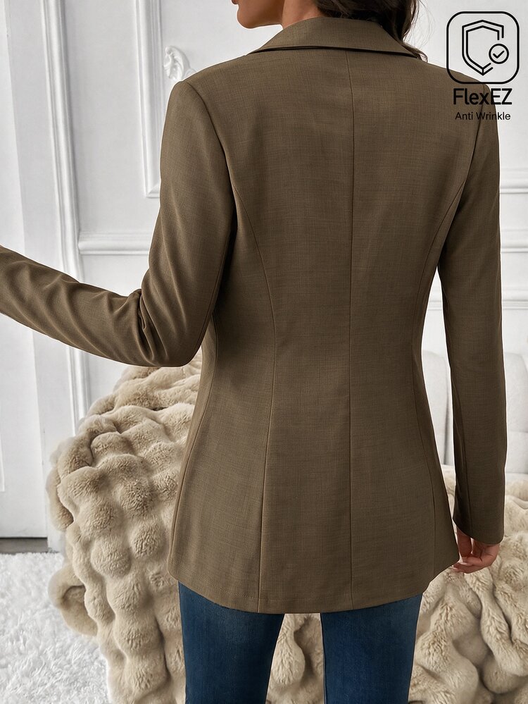 SHEIN Clasi Women's Casual Commute Solid Color Wrinkle-Resistant Business Work Blazer, Autumn Style - Brown - View 2