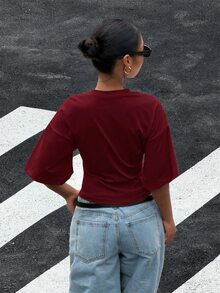 Muchica 女款針織百搭時尚萬用蝙蝠袖T恤 - 酒紅色 - 查看 2