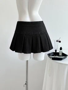 Elamini Fashion Casual Y2K Hot Girl Low Waist Denim Pleated Mini Skirt - Black - View 2