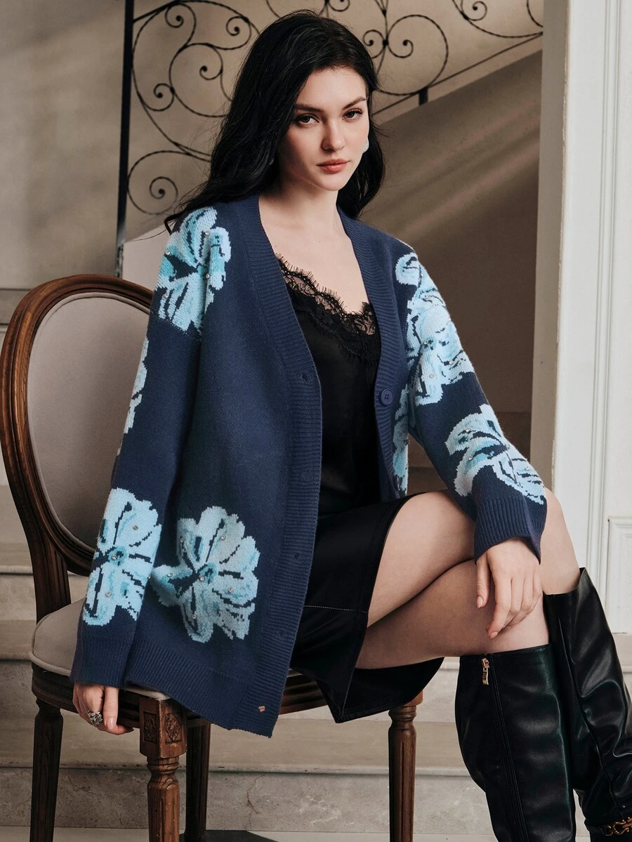 Anewsta Elegant Romantic Long Sleeve Fashionable Commuter Floral Rhinestone Studded Women's Open Front Blouse - Blue - View 1