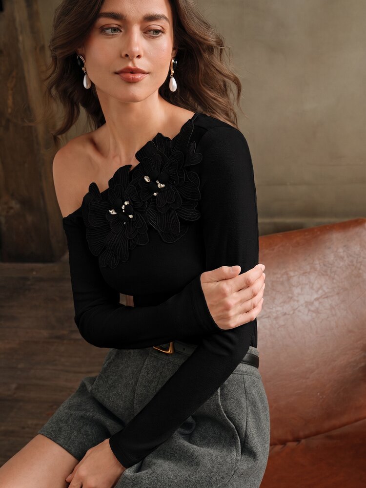 Anewsta Women's Autumn/Winter 3D Floral Embroidered Beaded Rhinestone Fitted Skin-Friendly Cold Shoulder One-Shoulder Knit T-Shirt Top - Black - View 4