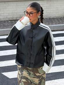 Muchica Women's Fall New Black And White Striped PU Frog Button Design Patchwork Webbing Casual Vintage Street Loose Jacket For Going Out Everyday Daytime - Black - View 3