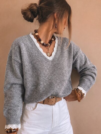 SHEIN LUNE Női csipke patchwork hétköznapi pulóver hosszú ujjú