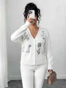 Elenzga Plus Size Women's Sequin Casual Versatile Daily Outing Cardigan - White - View 3