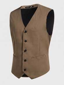 HIMLAND Men's Woven Fitted Casual Sleeveless Suit Vest, Suitable For Spring And Summer - Khaki - View 3