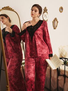 Côtesoire Plus Size Elegant Mature Floral Print Lace Patchwork Pajama Set, Southern French Style - Multicolor - View 1