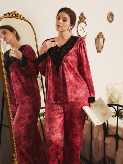Côtesoire Plus Size Elegant Mature Floral Print Lace Patchwork Pajama Set, Southern French Style
