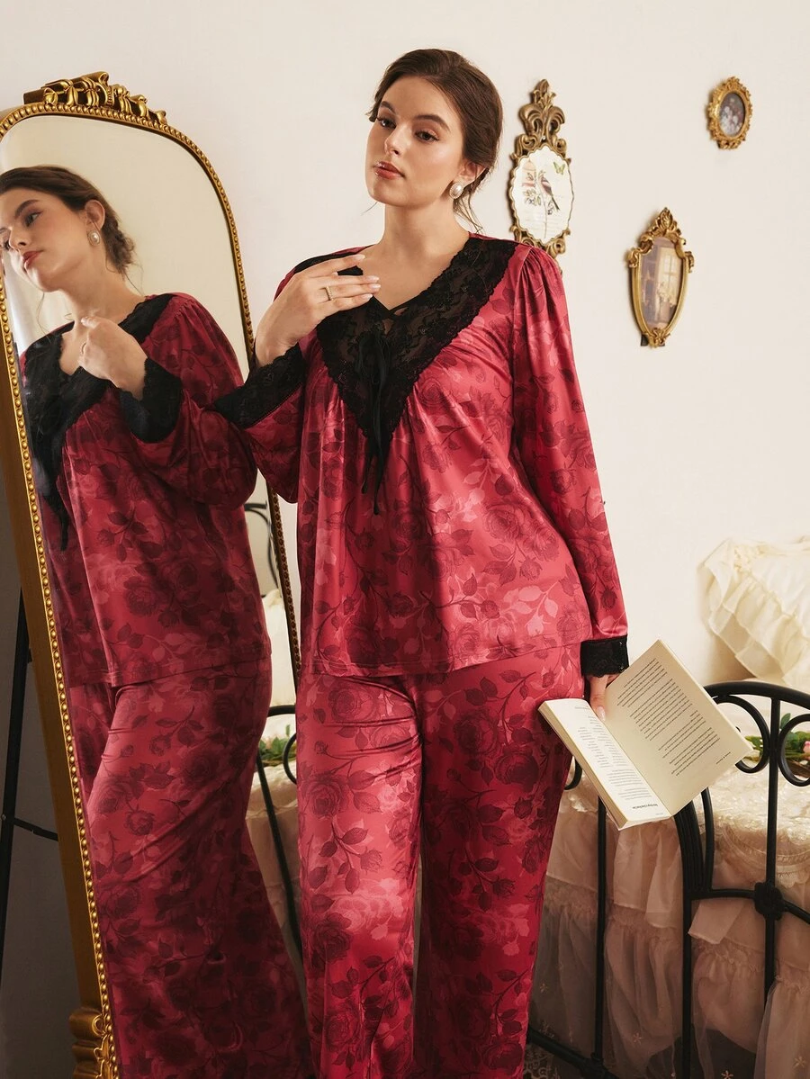 Côtesoire Plus Size Elegant Mature Floral Print Lace Patchwork Pajama Set, Southern French Style - Multicolor - View 1