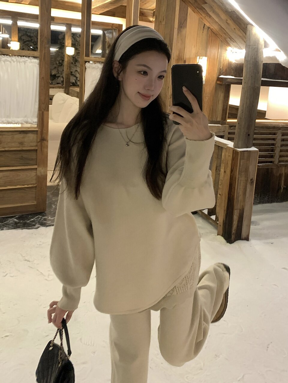 Women's Round Neck Long Sleeve Korean Style Elegant Sweater 2 Pieces Set