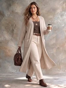 Ceyna Plus Size Women's Fashion Mid-Length Cardigan Sweater With Pockets, Casual Versatile Daily Autumn/Winter Outerwear - Apricot - View 3