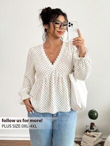 SHEIN Frenchy Plus Size Women's Contrast Lace V-Neck Polka Dot Pattern Long Sleeve Fashion Blouse - Apricot - View 1