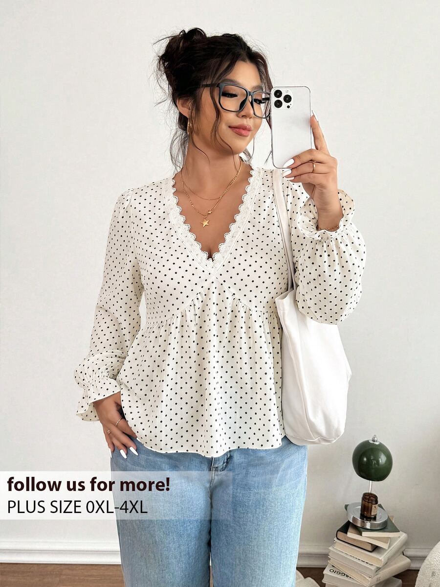 SHEIN Frenchy Plus Size Women's Contrast Lace V-Neck Polka Dot Pattern Long Sleeve Fashion Blouse - Apricot - View 1
