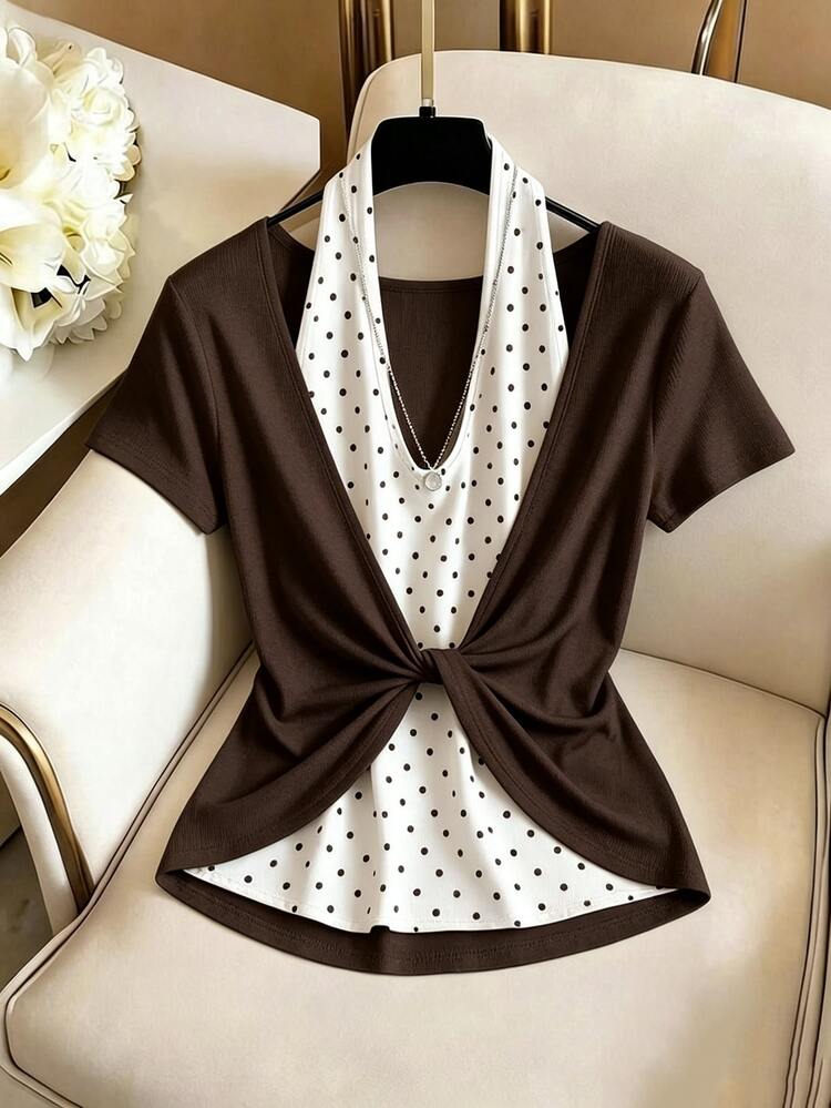 GlowEve CURVE Plus Size Women Polka Dot 2 In 1 Patchwork Casual Versatile Short Sleeve T-Shirt - Coffee Brown - View 1