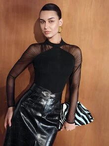 MOTF PREMIUM WOMEN'S BLACK SHOULDER TRANSPARENT MESH PATCHWORK FASHION VERSATILE T-SHIRT - Black - View 6