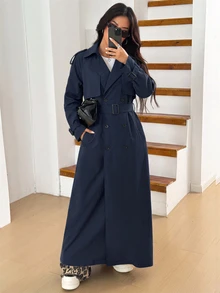 Solflare Plus Size Women's Solid Color Double-Breasted Long Sleeve Casual Trench Coat Jacket, Spring/Autumn - Navy Blue - View 4