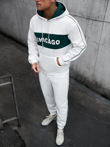 Manfinity CasualCool Men's Hooded Sweatshirt Set, Double-Layer Hood With Contrast Color Design, Contrast Color Piping Trim Craftsmanship, Top With Patchwork Print, Hooded Sweatshirt With Pockets And Drawstring, Paired With Elastic Waist Sweatpants, Pants With Contrast Color Piping Design On Side Seams, Pockets And Drawstring, Loose Fit, Autumn/Winter Men's Hooded Sweatshirt Set - White - View 5