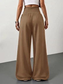 SHEIN Tall CURVE 大尺碼高腰灰色針織抓絨抽繩寬鬆運動長褲，適合冬季畢業季、返校季、畢業典禮、教師穿搭等場合，秋季女款寬腿舒適運動褲 - 駝色 - 查看 2