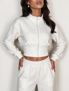 Glamine Stand Collar Zipper Short Jacket + High Waist Elastic Waist Pressed Line Wide Leg Sweatpants Solid Color 2 Pieces Sports Set - White - View 5
