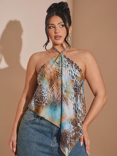 SHEIN BAE Damen-Neckholder-Top, lässig minimalistisch, Urlaubs-Boho, elegant, romantisch, Vintage, Leopardenmuster, abstraktes Muster, Damen-Pendler-Outfit, Musikfestival, Strandkleidung, Urlaubs-Outfit, Damen-Sommer-Outfit