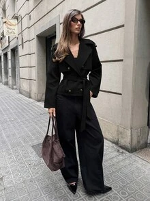 Aloruh 女款純色腰帶休閒法式優雅百搭日常通勤風衣外套 辦公旅行棕色調 秋季 - 黑色 - 查看 6