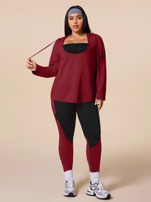 SHEIN Rhythm Era طقم رياضي شتوي مقاس كبير تي شيرت بغطاء رأس وسروال ضيق بألوان متباينة - متعدد الألوان - مشاهدة 4
