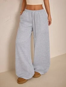 SHEIN PETITE Women's Solid Color Drawstring Waist Pocket Wide Leg Casual Sweatpants - Light Grey - View 4