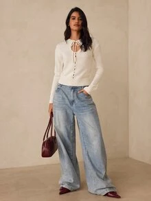 SHEIN Glamour كنزة نسائية بلون موحد كاجوال متعددة الاستخدامات يومية بأكمام طويلة - أبيض - مشاهدة 8
