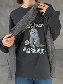 FRIFUL 女款字母貓咪印花圓領長袖拼接波點白色網紗荷葉邊休閒T恤，日常夏季穿搭 - 灰色 - 查看 6