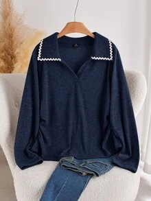 CosyJoli 大尺碼休閒蕾絲拼接 Polo 領側縫抓皺羅紋針織套頭 T 恤 正式辦公商務度假風 橘色 秋冬 - 藏蓝色 - 查看 4