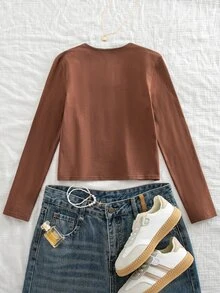 SHEIN Tween Girl Tween Girl Tween Girls T-Shirts, Large Scoop Neck Elastic Slim Fit All-Match Versatile - Brown - View 2