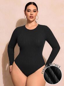 SHEIN SXY 黑色針織大尺碼圓領修身長袖保暖內裡連身衣，適合秋冬穿著 - 黑色 - 查看 1