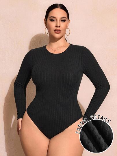 SHEIN SXY بودي سوت أسود محبوك مقاس كبير برقبة دائرية ضيق بأكمام طويلة مبطن حراري، مناسب للخريف/الشتاء