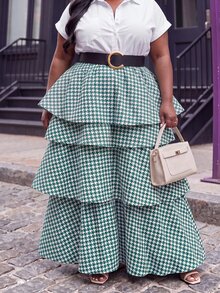 Slaydiva Autumn/Winter Elegant Date Christmas Holiday Green & White Houndstooth Multi-Layer Ruffle Cake Long Skirt Plus Size - Green - View 6