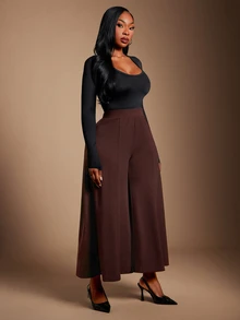 SHEIN SXY Plus Size Women's Casual Coffee Brown High Waist Wide Leg Cropped Pants Fall - Brown - View 7