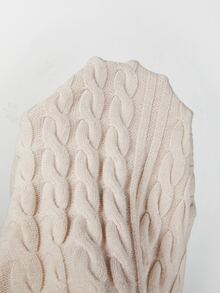 SHEIN Gaun Mini Rajut Kabel Bahu Terbuka Wanita, Sweater Bodycon Lengan Panjang Berlubang dengan Tali Spaghetti Dr - Krem - View 4