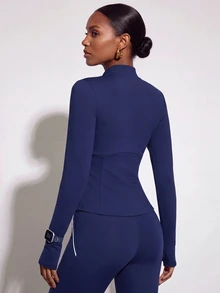 Zivah Women's Solid Color Zip-Up Long Sleeve Top And Leggings Casual Daily Sports Set - Blue - View 4