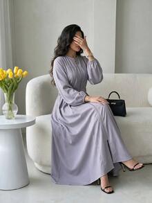 Al Najma Women's Round Neck Long Sleeve Zipper Placket Waist Faux Pearl Decor Arabian Dress - Purple - View 2