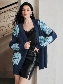 Anewsta Elegant Romantic Long Sleeve Fashionable Commuter Floral Rhinestone Studded Women's Open Front Blouse - Blue - View 4
