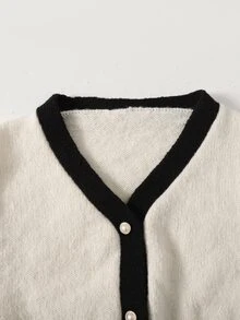 SHEIN Setelan 2 Potong untuk Anak Perempuan Remaja: Cardigan Patchwork dengan Hem dan Kancing Depan, Lengan Panjang, Sweater Kasual & Celana. - Hitam dan Putih - View 5