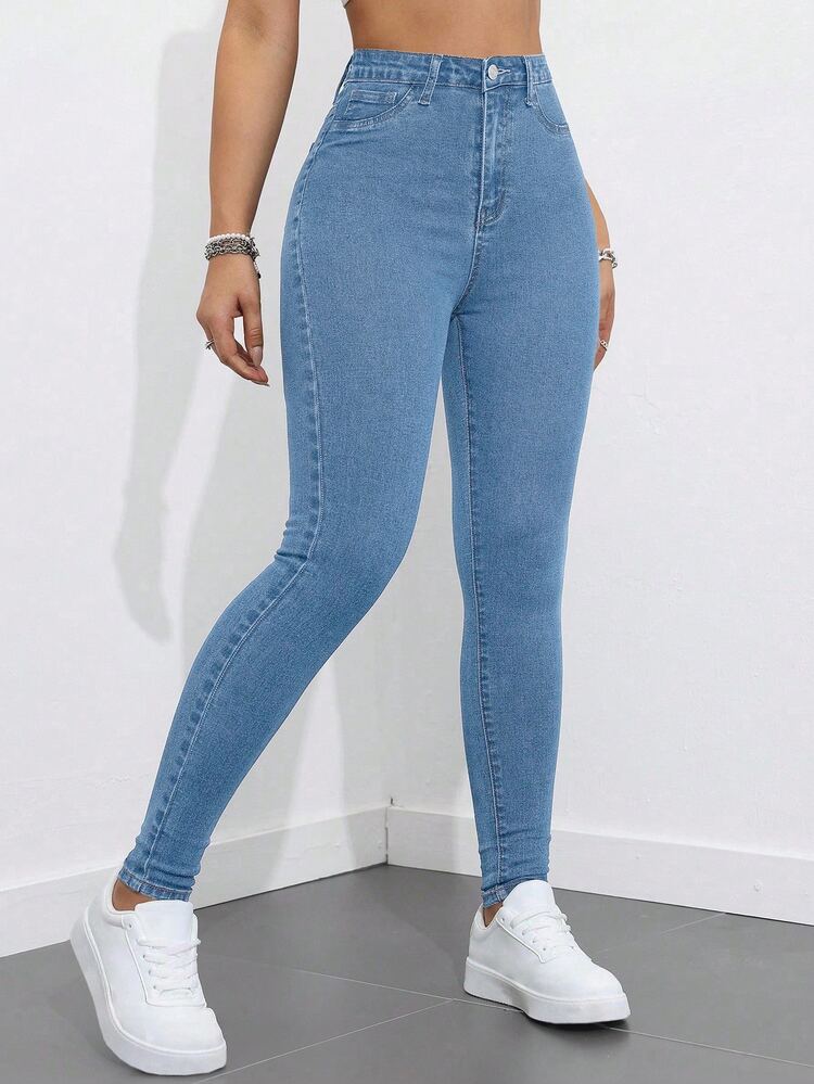 SHEIN ICON Plus Size Women's Street Casual Stretch Comfortable Dark Blue Denim Skinny Jeans - Light Wash - View 1